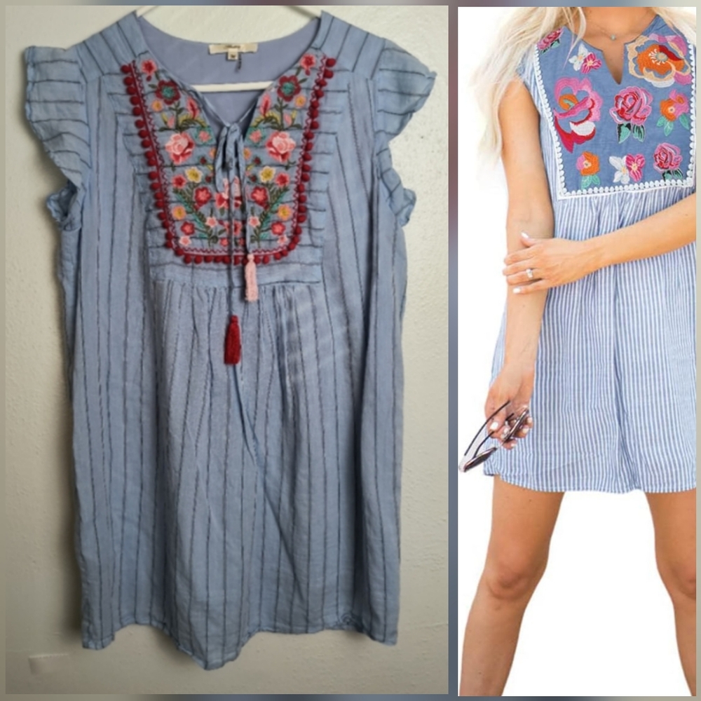 Andrée by unit Embroidery Striped Mini Yoke Dress Size M Blue Casual Boho